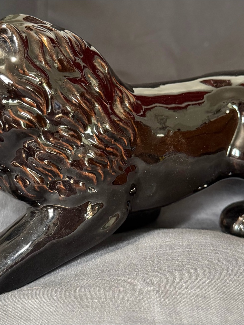Vintage Japanese Ceramic Black Lion Sculpture with jewel eyes. -